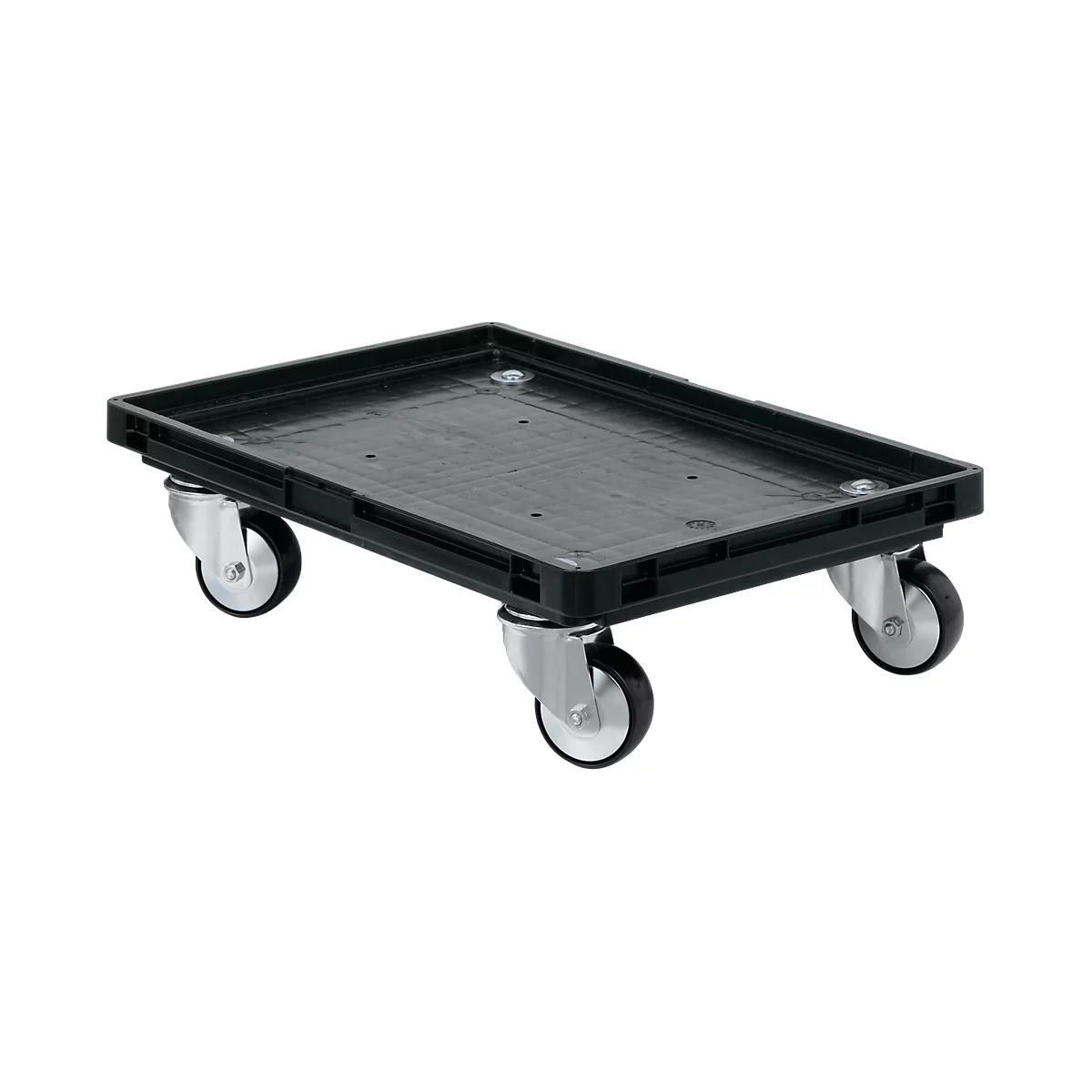 Black transport box on castors, ideal for transporting goods. Four silver wheels provide mobility.