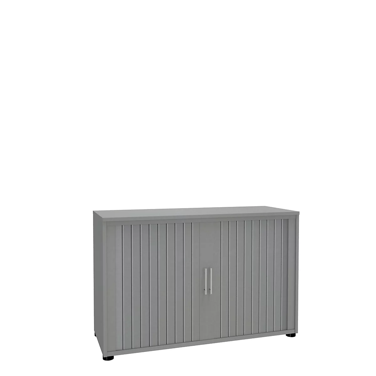 A grey file cabinet with two doors and vertical slats. Two silver handles.