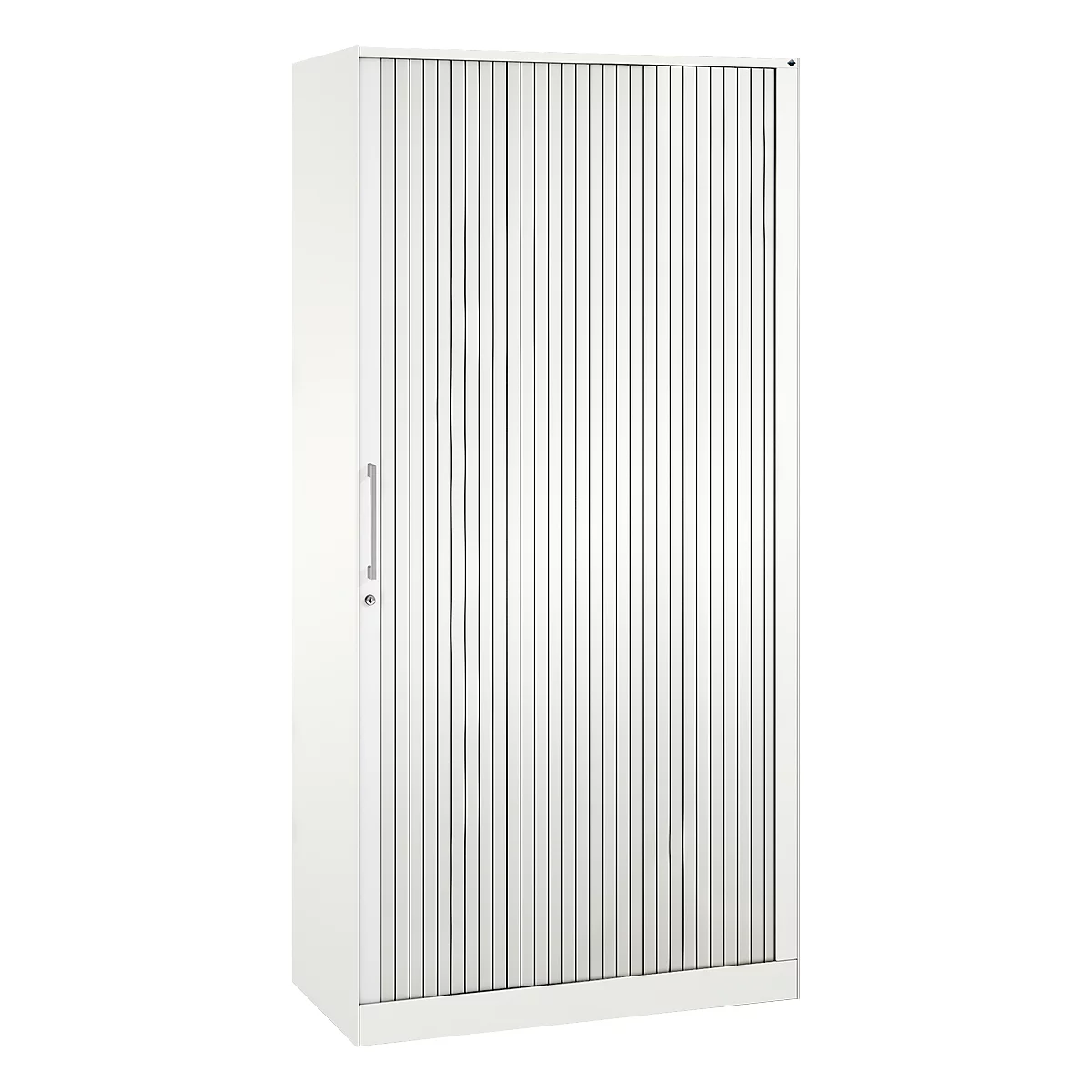 White cabinet with a ribbed front and handle. Vertical lines dominate the design. A minimalist piece of furniture.