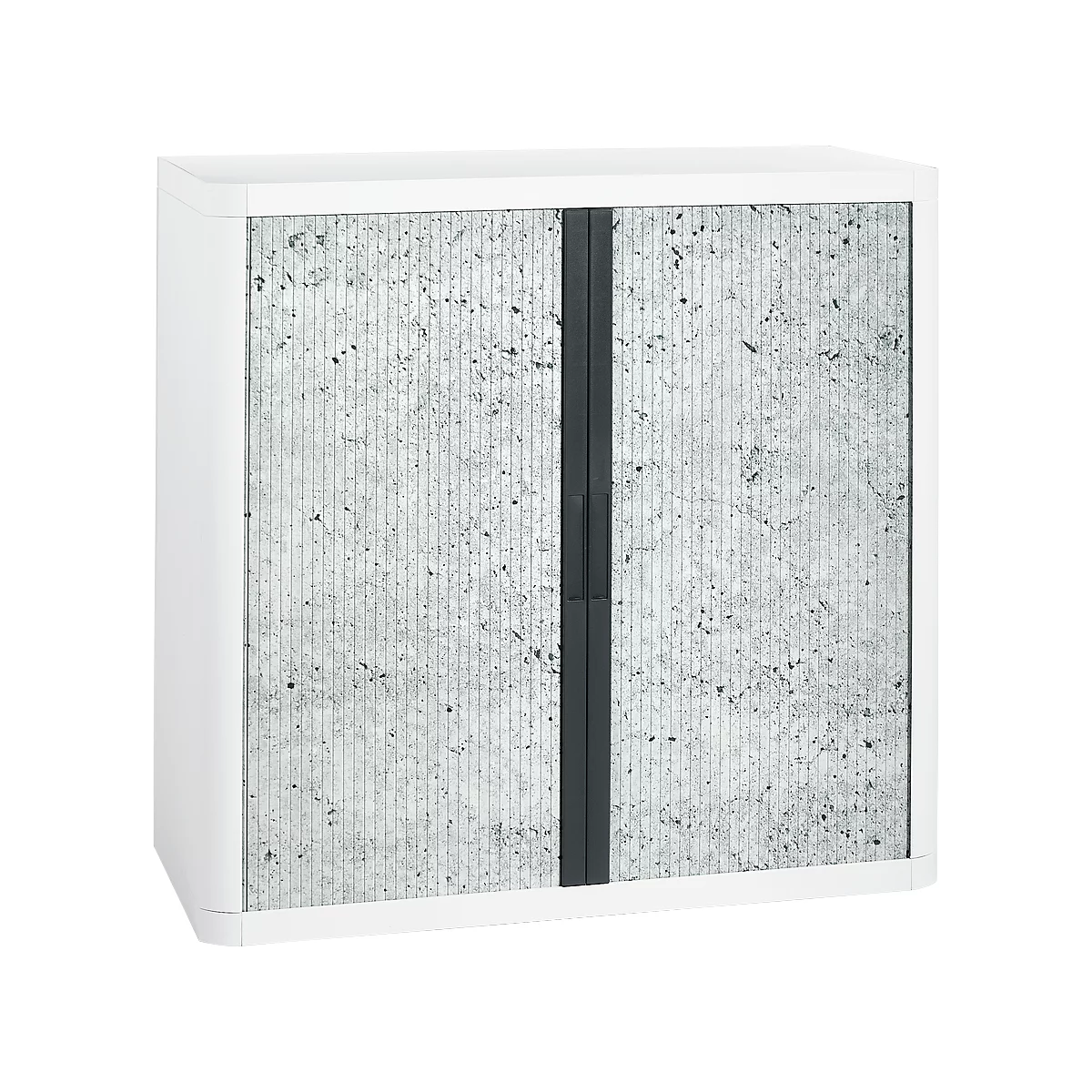 White cabinet with gray concrete look, dark handle. Two doors at the front with vertical lines.