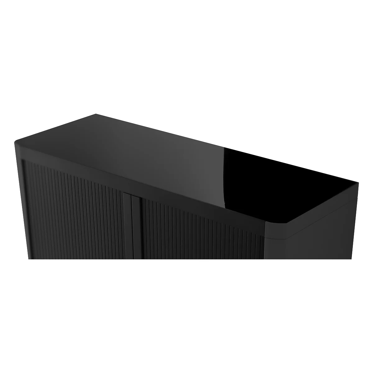 Black cabinet, with a ribbed door, top with shine.
