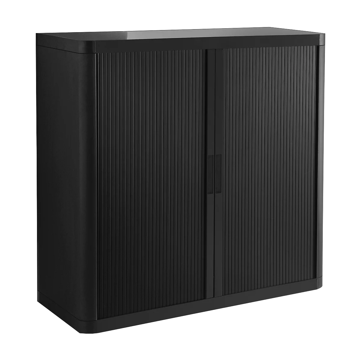 Black cabinet with grooved sliding doors and discreet handle.