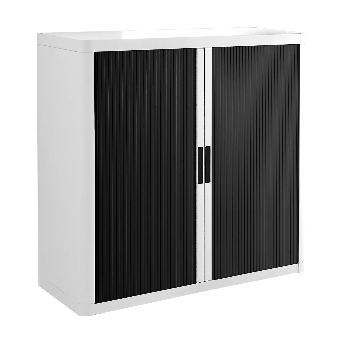 White office cabinet with black slatted doors and silver handles.