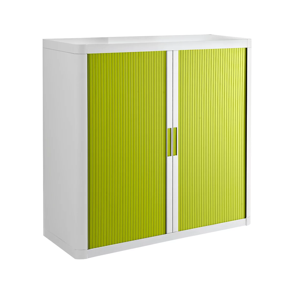 A white cabinet with bright green ribbed doors and silver handles.