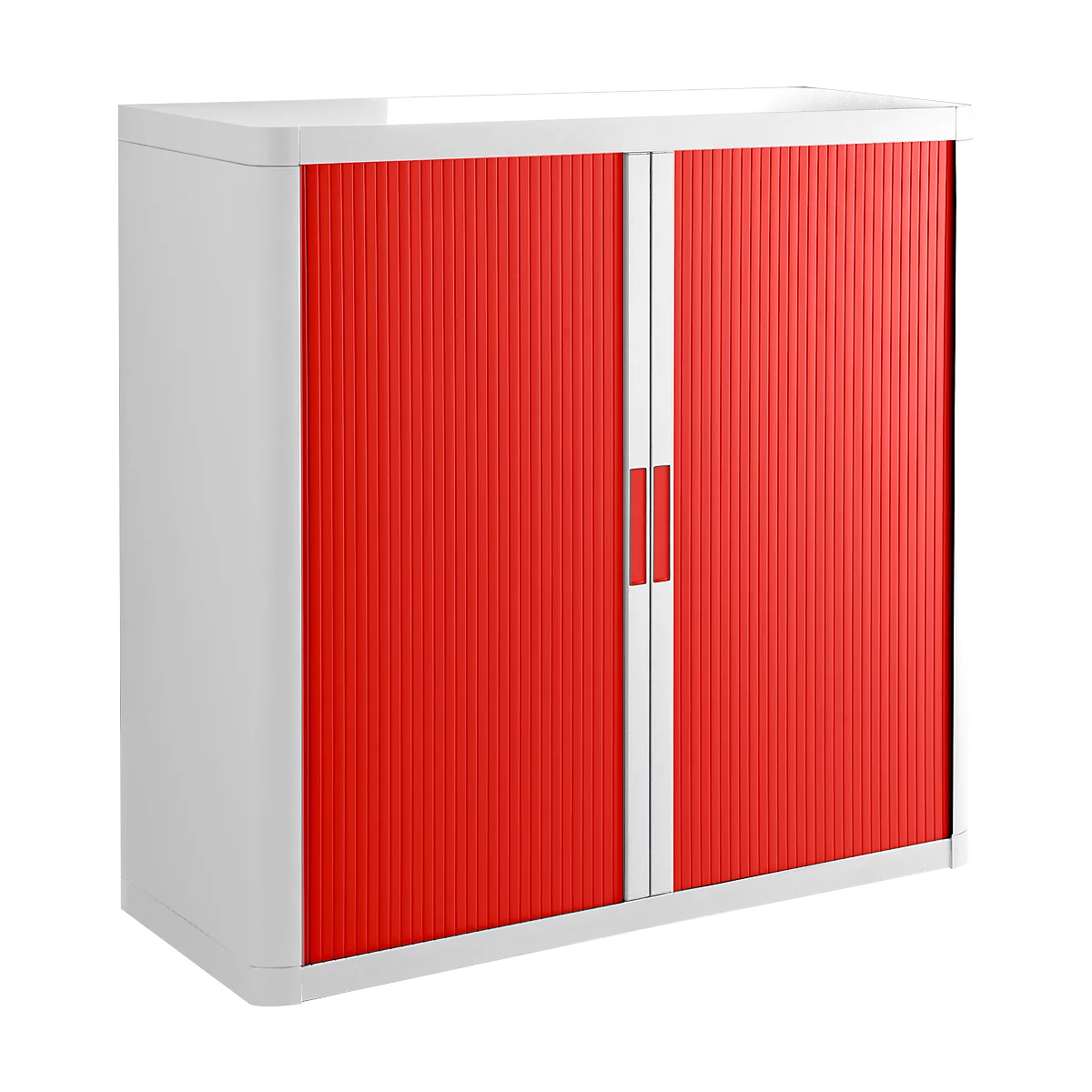 Cabinet with red slatted doors, white frame and handles.