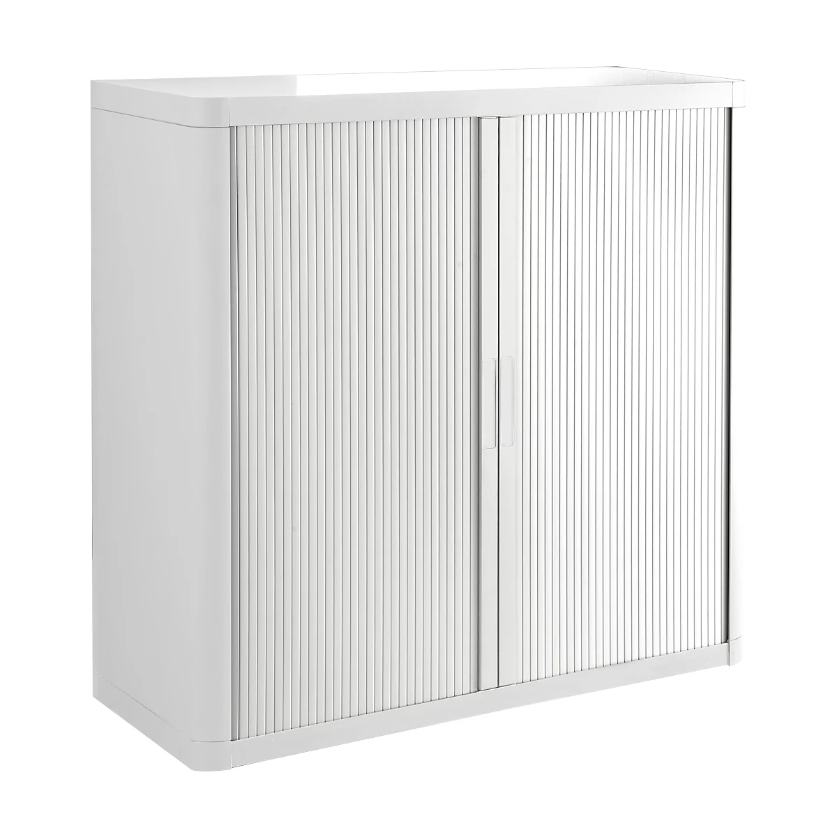 White office cabinet with ribbed sliding doors and handle. Rounded corners.