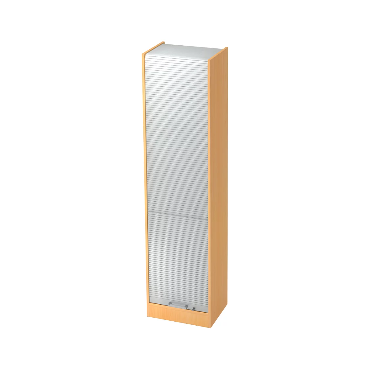Tall cabinet in wood look with roller shutter. The roller shutters are grey and structured horizontally.