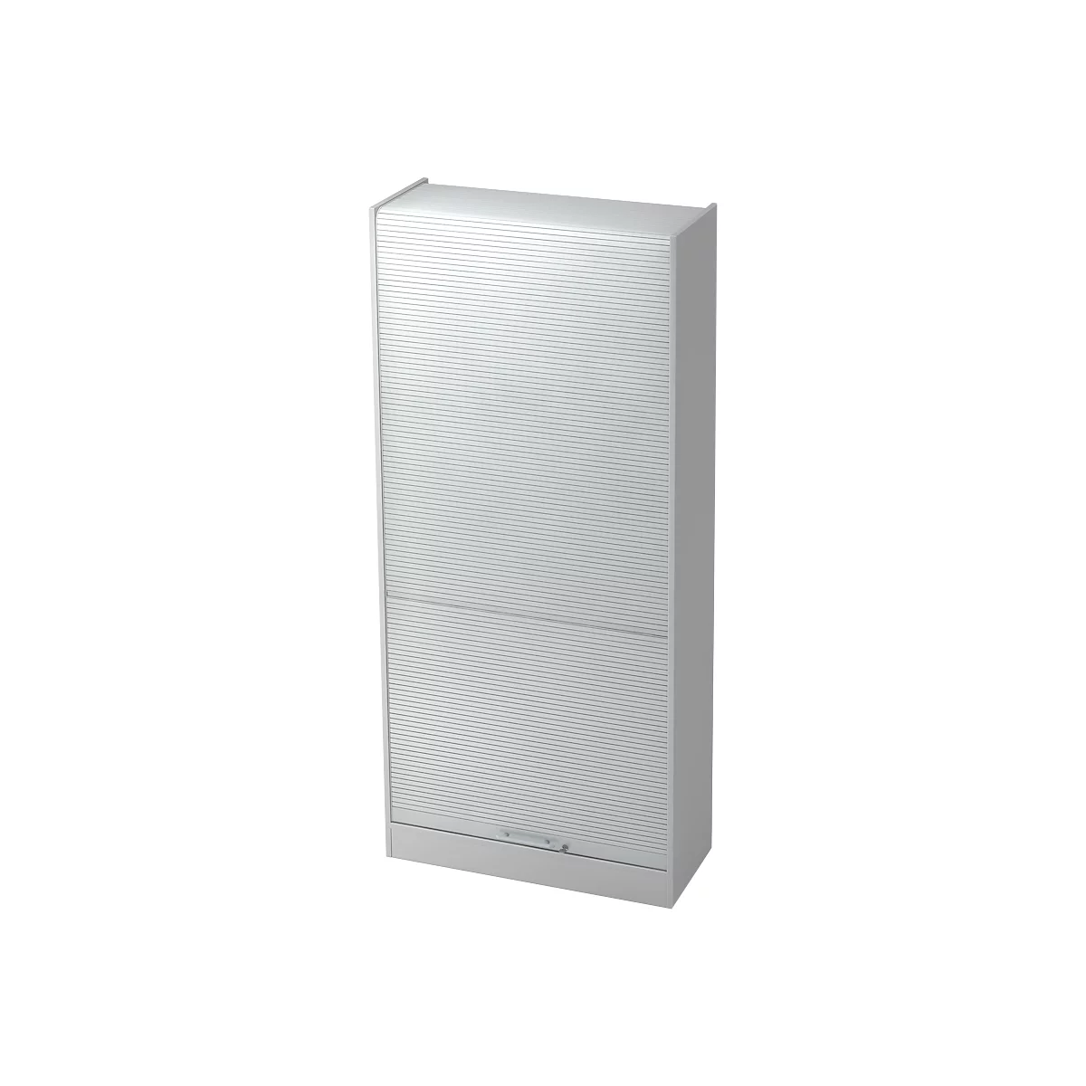 A white cabinet with a roller shutter and horizontal slats. It has a handle and is depicted against a neutral background.