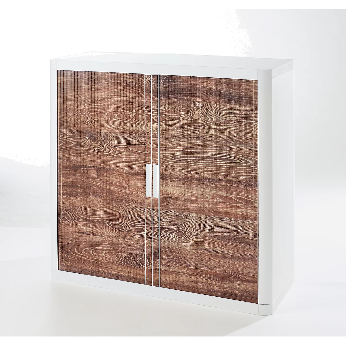 White cabinet with wood-grained doors and silver handles.