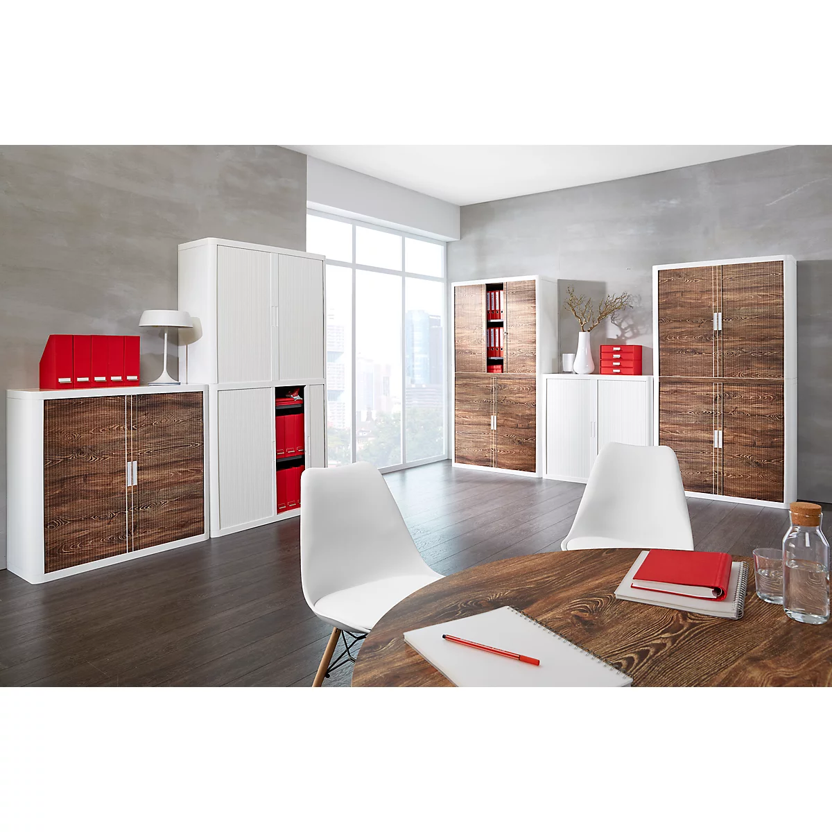 Office furniture: wood-look and white cabinets, chairs and table. Red folder on the table.