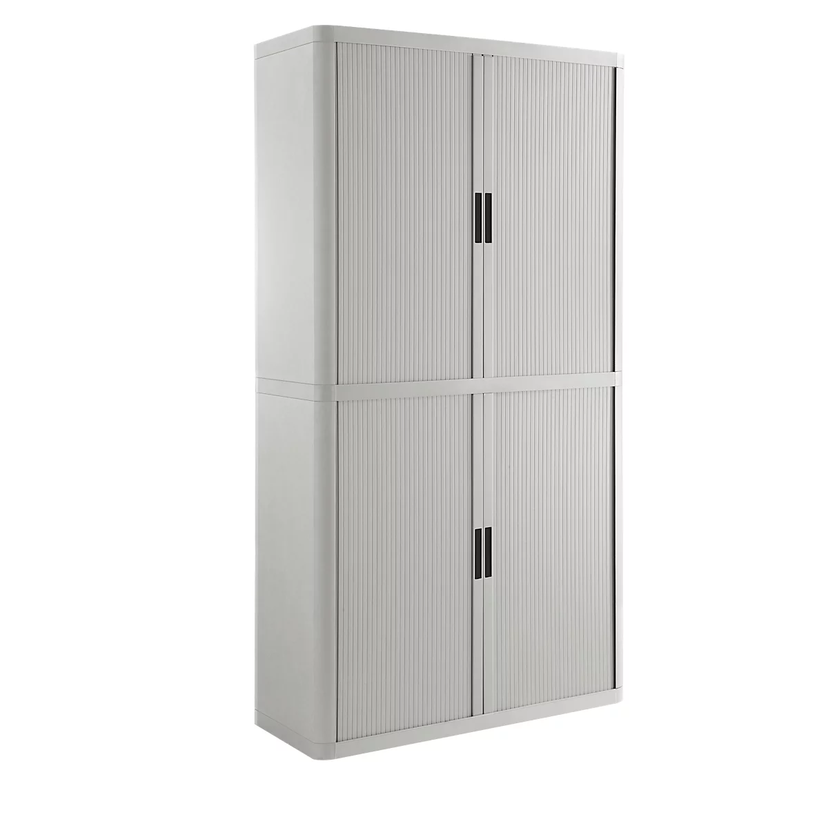 A grey, two-door cabinet. Doors with vertical grooves. Black handles. Rounded edges and a simple style.