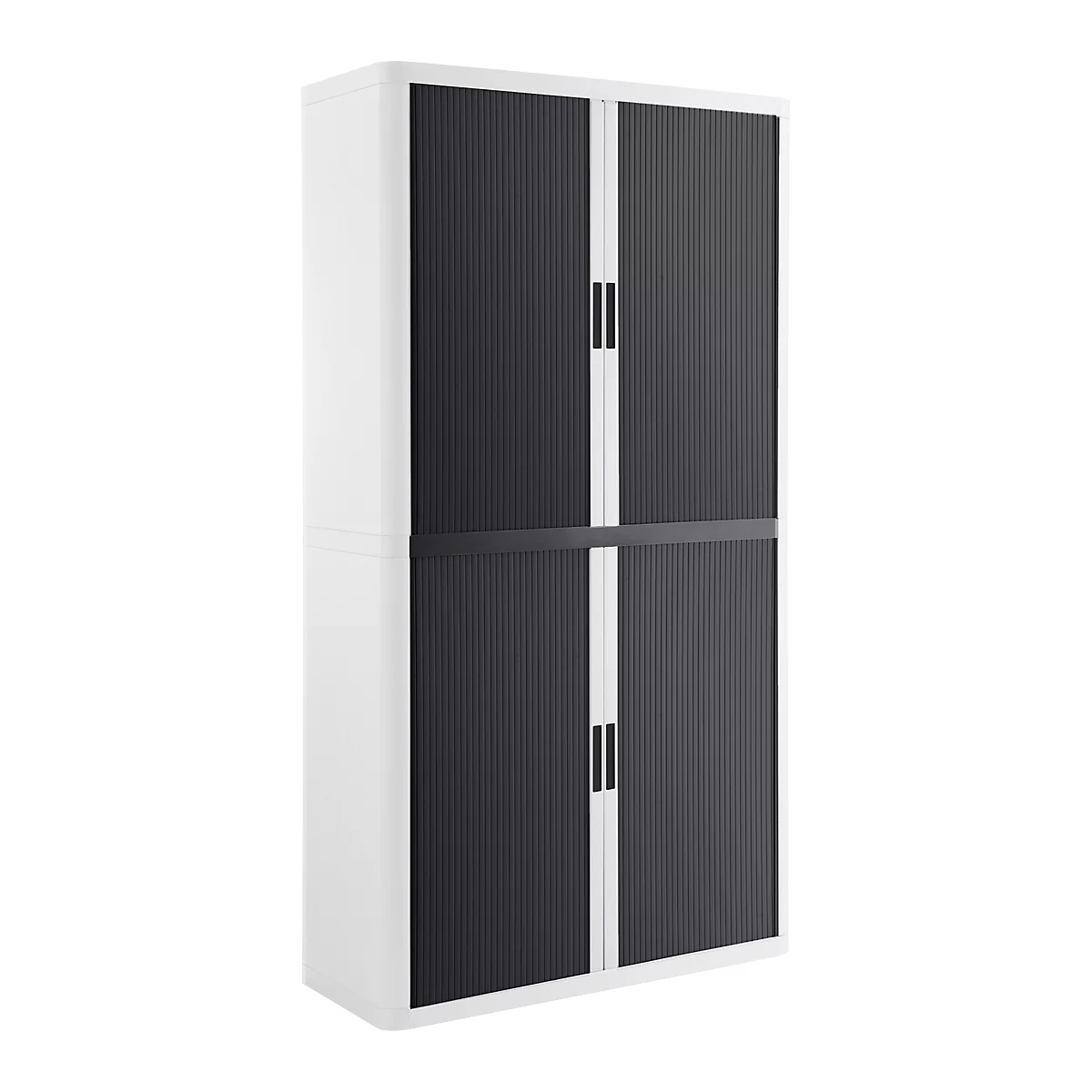 White cabinet with black slatted doors. The doors have small handles.