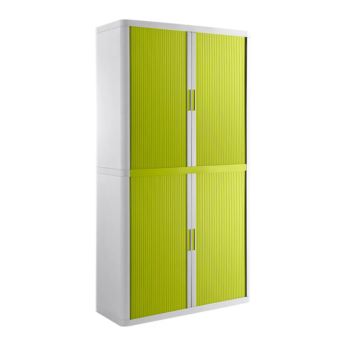 White cabinet with green roller shutters. The roller shutters are vertically ribbed.