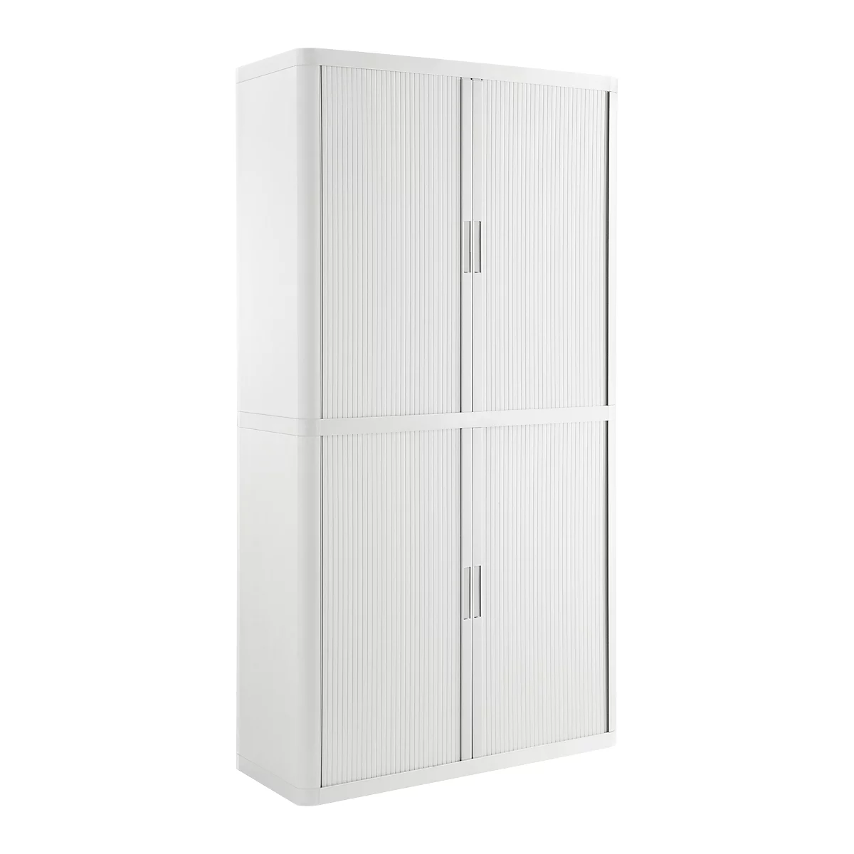 White cabinet with ribbed sliding doors and metal handles. It has a tall, rectangular shape.