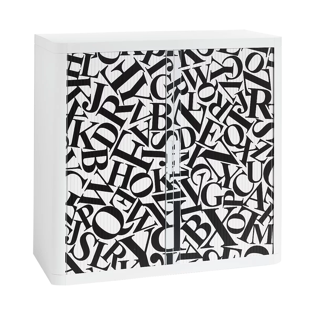 White cabinet with doors printed with large black letters. Silver door handles.