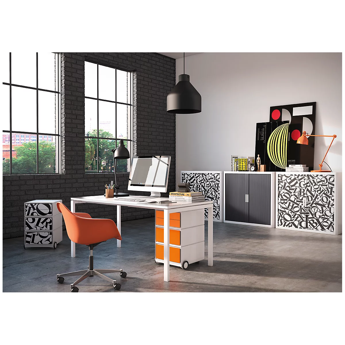 Modern office with desk, orange chair and dresser. Windows in the background, art on the wall.