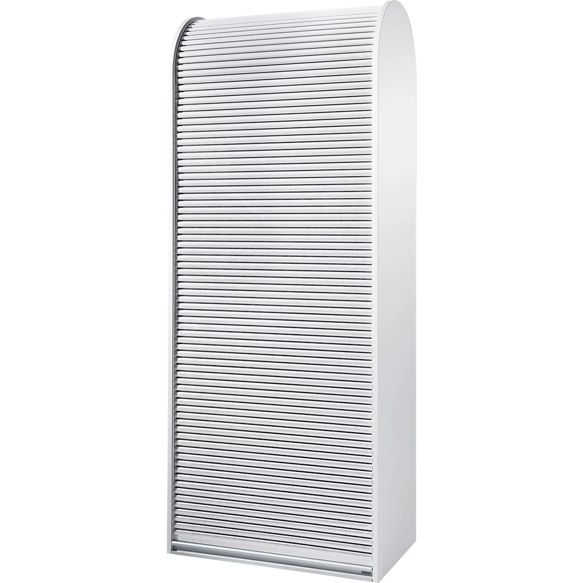 White cabinet with a slatted door that opens upwards.