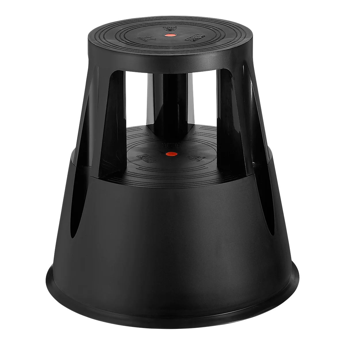 Black step stool with a round seat and four legs, on a white background.