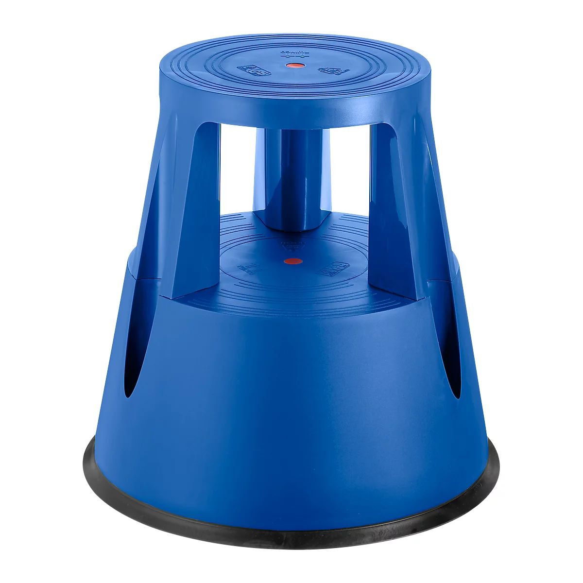Blue step stool with black rubber ring at the bottom. Circular top and bottom, connected by columns.