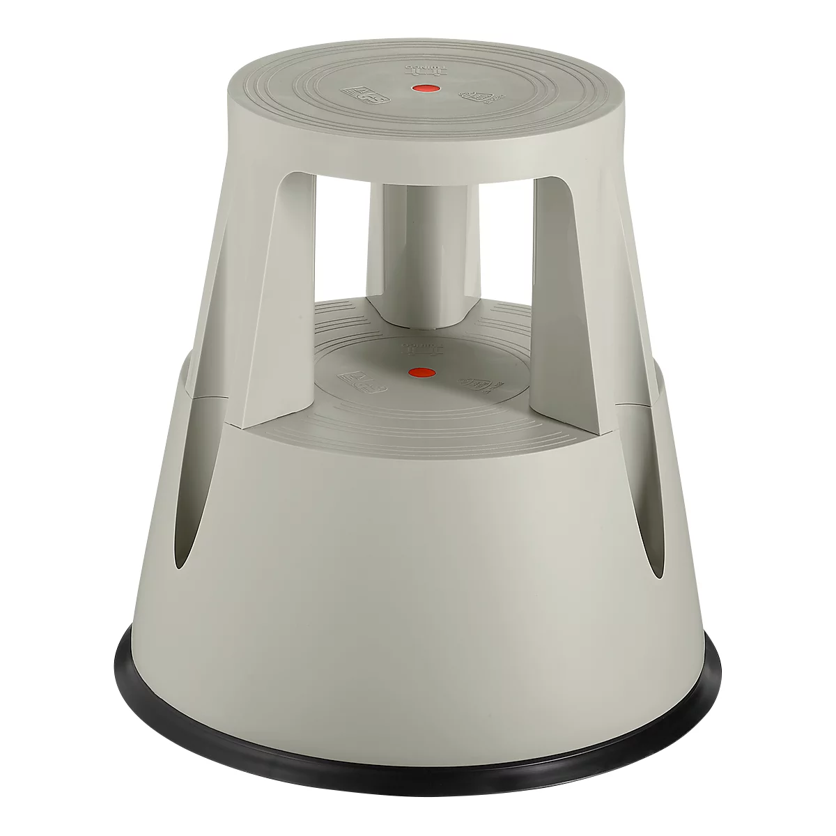 Gray step stool, round seat, four-legged construction. Black rubber ring at the foot.