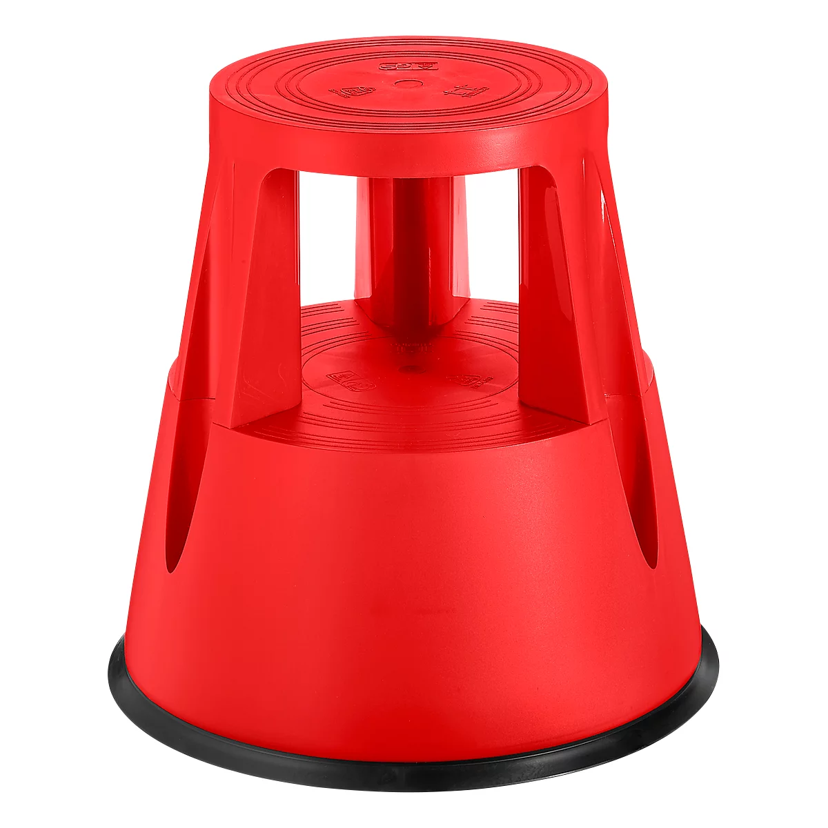 Red step stool. Circular grooves are on the top. The stool has four legs.