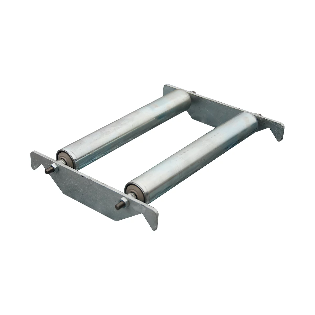 Metal roller construction, view from above, on a white background. Two cylindrical rollers are connected by metal plates.