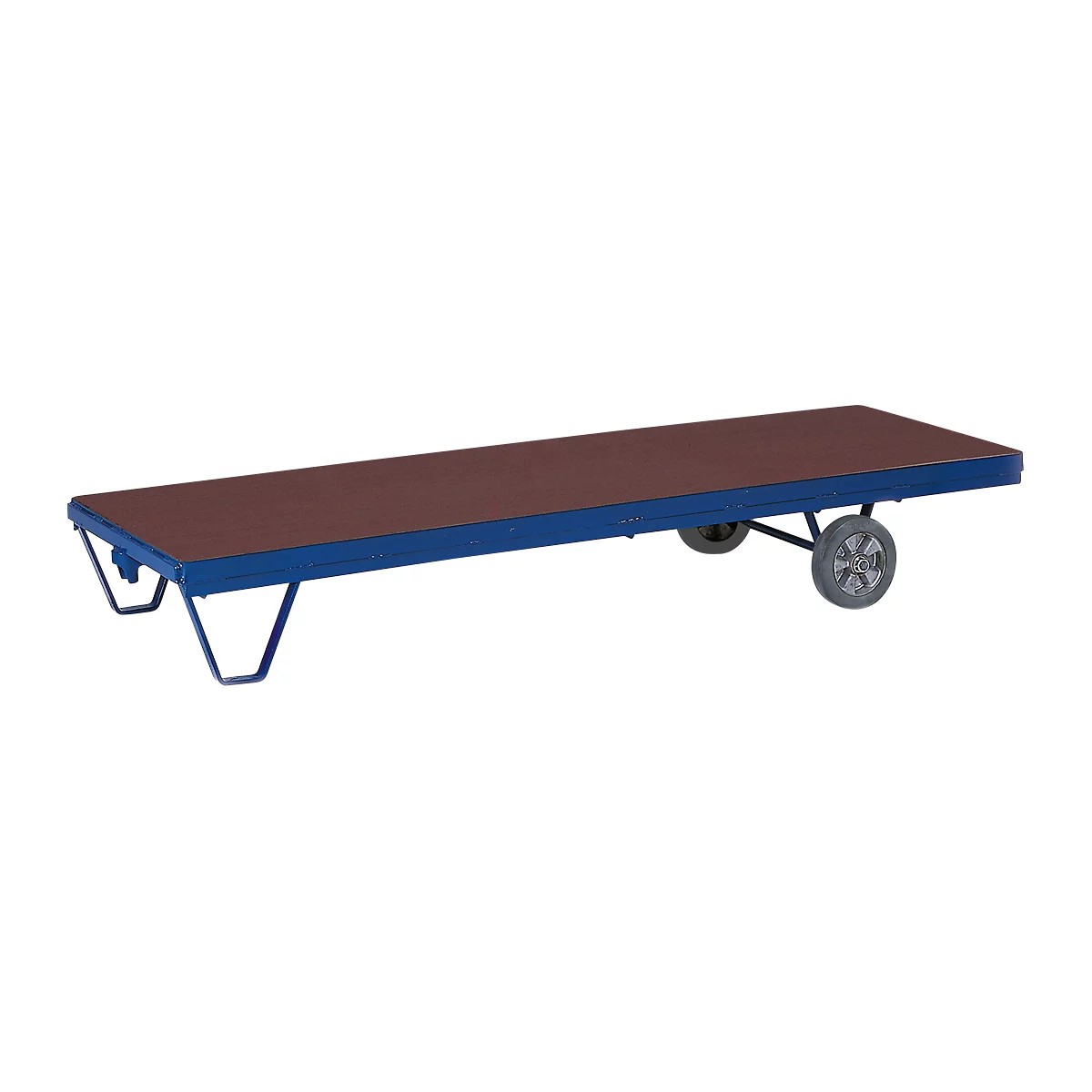Blue platform trolley with brown loading surface. Grey wheels, white background.