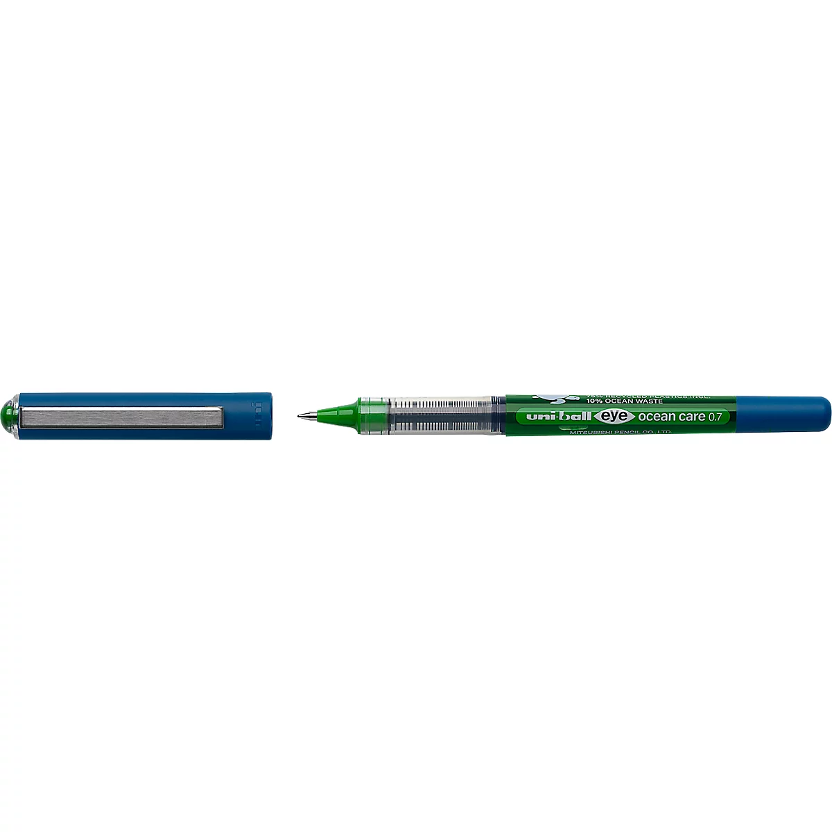Roller uni-ball UB EYE Ocean Care, largeur de trait 0,4 mm, Ø de bille 0,7 mm, indélébile, fenêtre, 75 % de plastique recyclé, 12 pièces, couleur d'encre vert