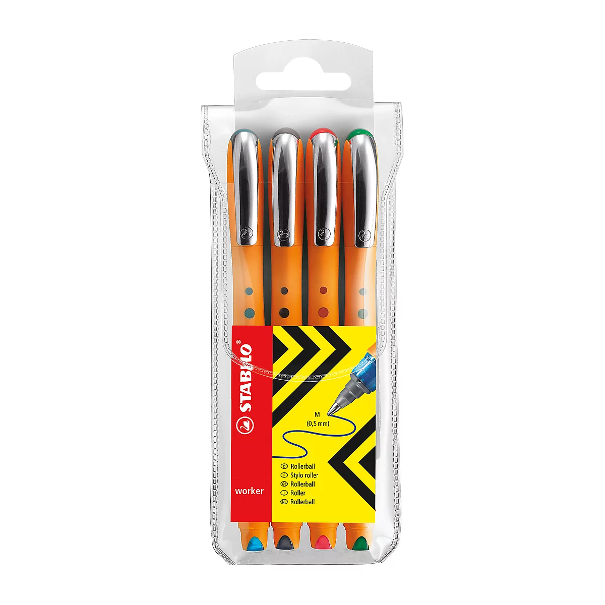 Package of four orange STABILO worker roller pens with silver tips and colored dots.