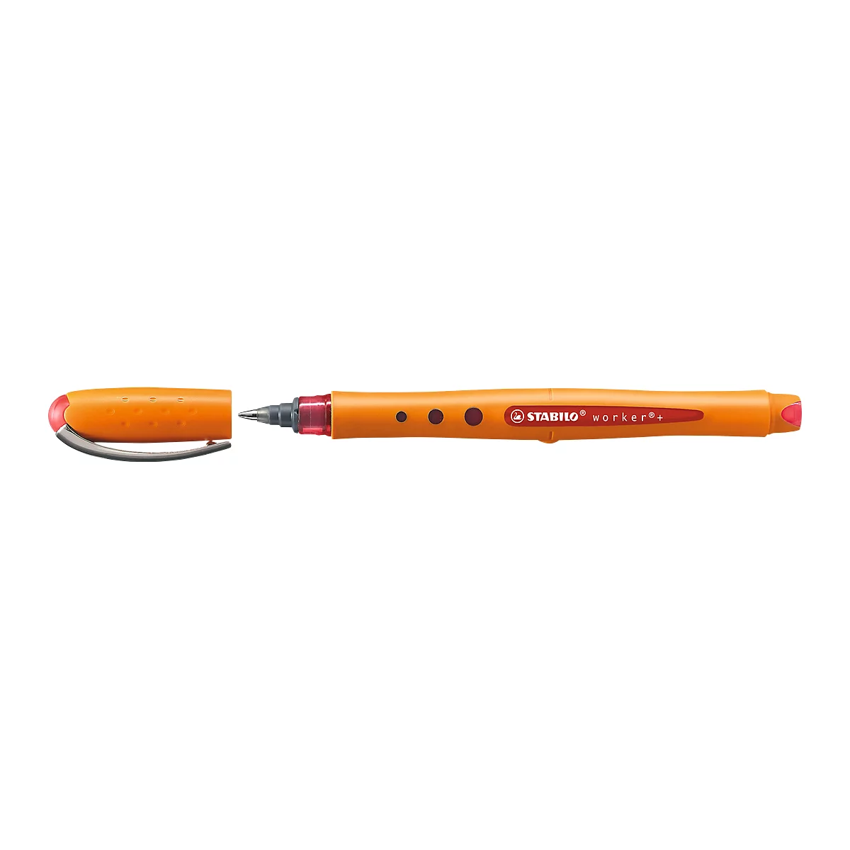 An orange Stabilo text marker with a red tip and metal clip.
