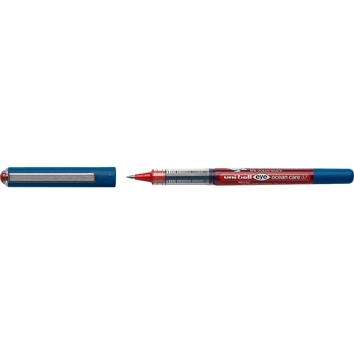 Rollerball uni-ball UB EYE Ocean Care, lijndikte 0,4 mm, bal Ø 0,7 mm, documentbestendig, venster, 75% gerecycled kunststof, 12 stuks, schrijfkleur rood
