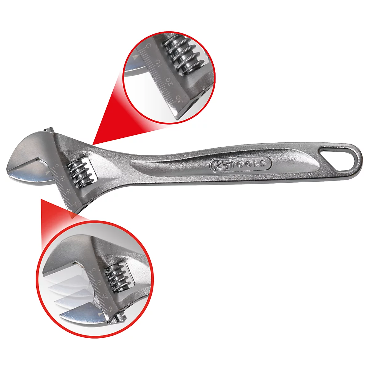 Verstellbarer Schraubenschlüssel, aus Stahl, mit roten Markierungen, die Details hervorheben.