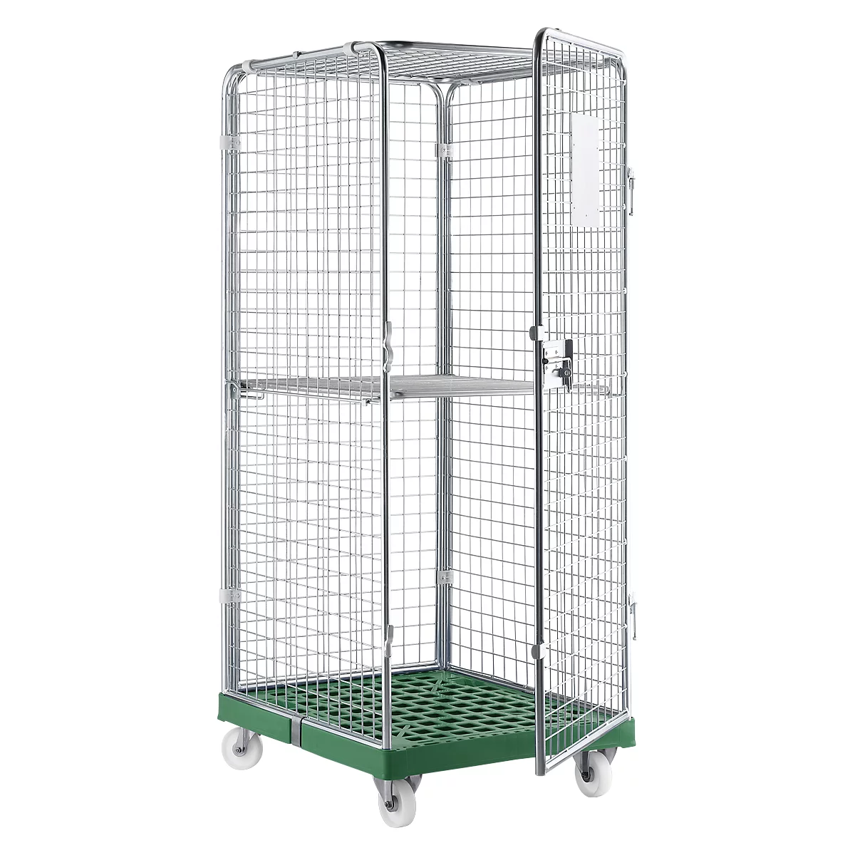 An empty metal roll container with green base and wheels, the door is open.