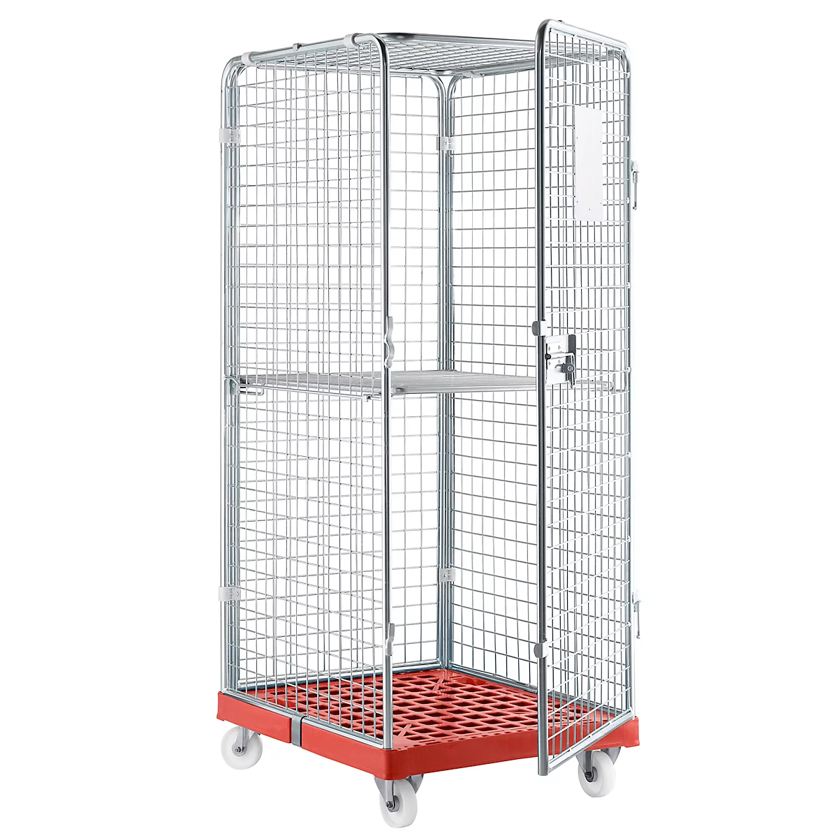 Metal transport cart with a red base, mesh walls, and wheels. The door is open.