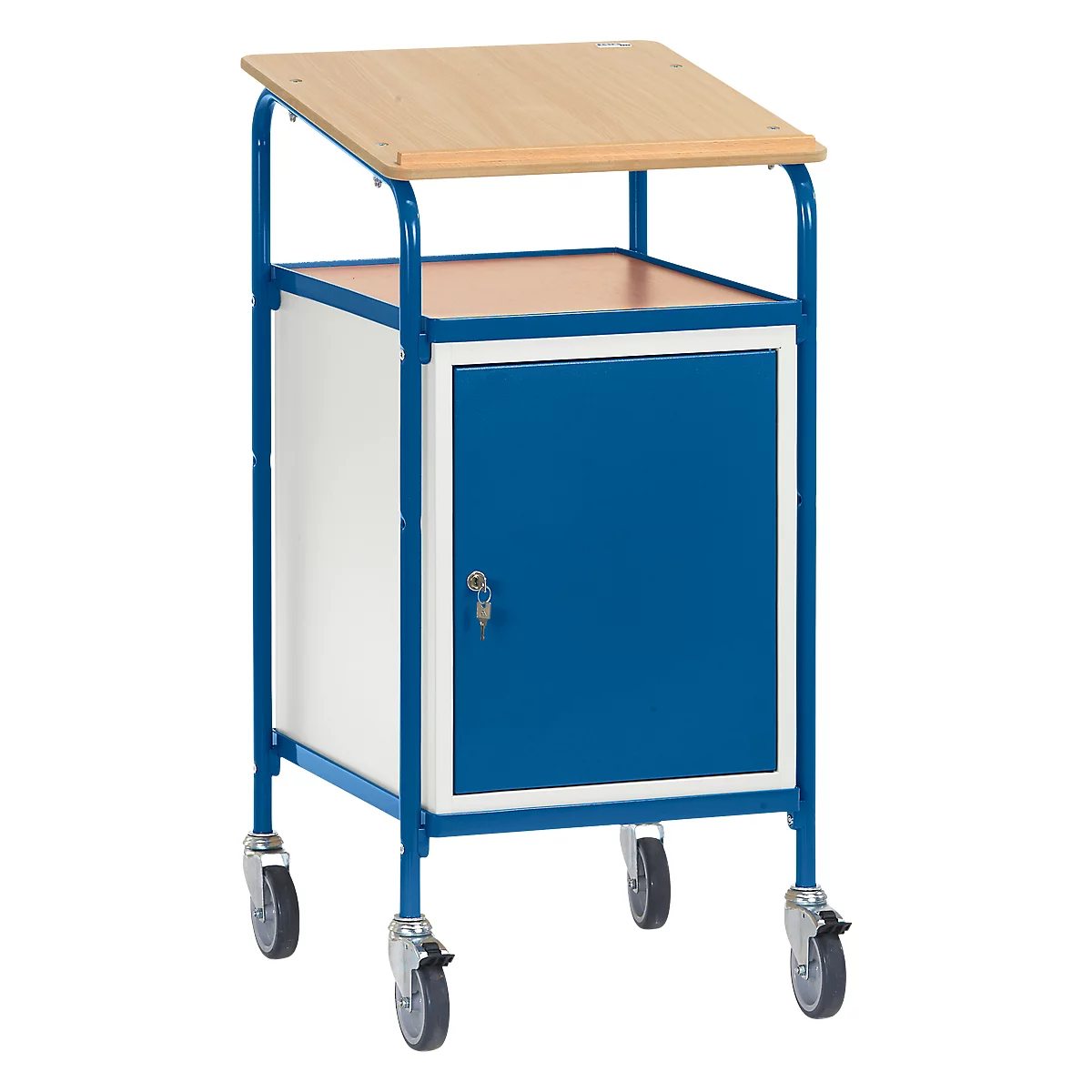 Blue and white cart with wooden top, casters and cabinet door. The table stands on rollers.