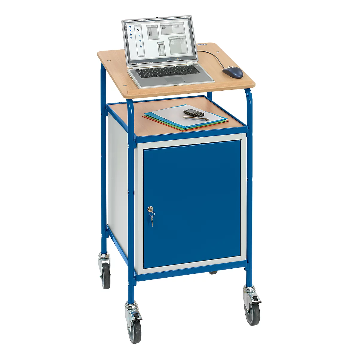 Blue presentation cart with wooden top, laptop, mouse, storage compartment, paper, and remote.