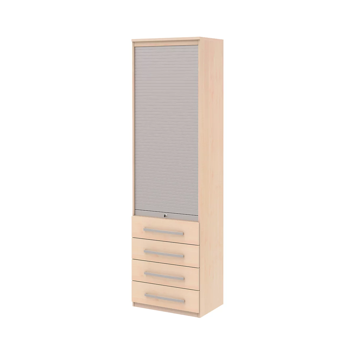 Rollladenschrank BARI, 6 Ordnerhöhen, 4 Schübe, 3 Böden, abschließbar, B 600 x T 430 x H 2174 mm, Ahorn-Dekor