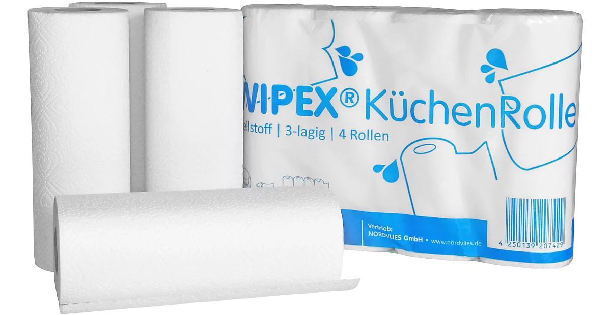Rollo de cocina WIPEX, 3 capas, 256 x 224 mm, 8 x 4 rollos con 50 hojas cada uno, blanco brillante