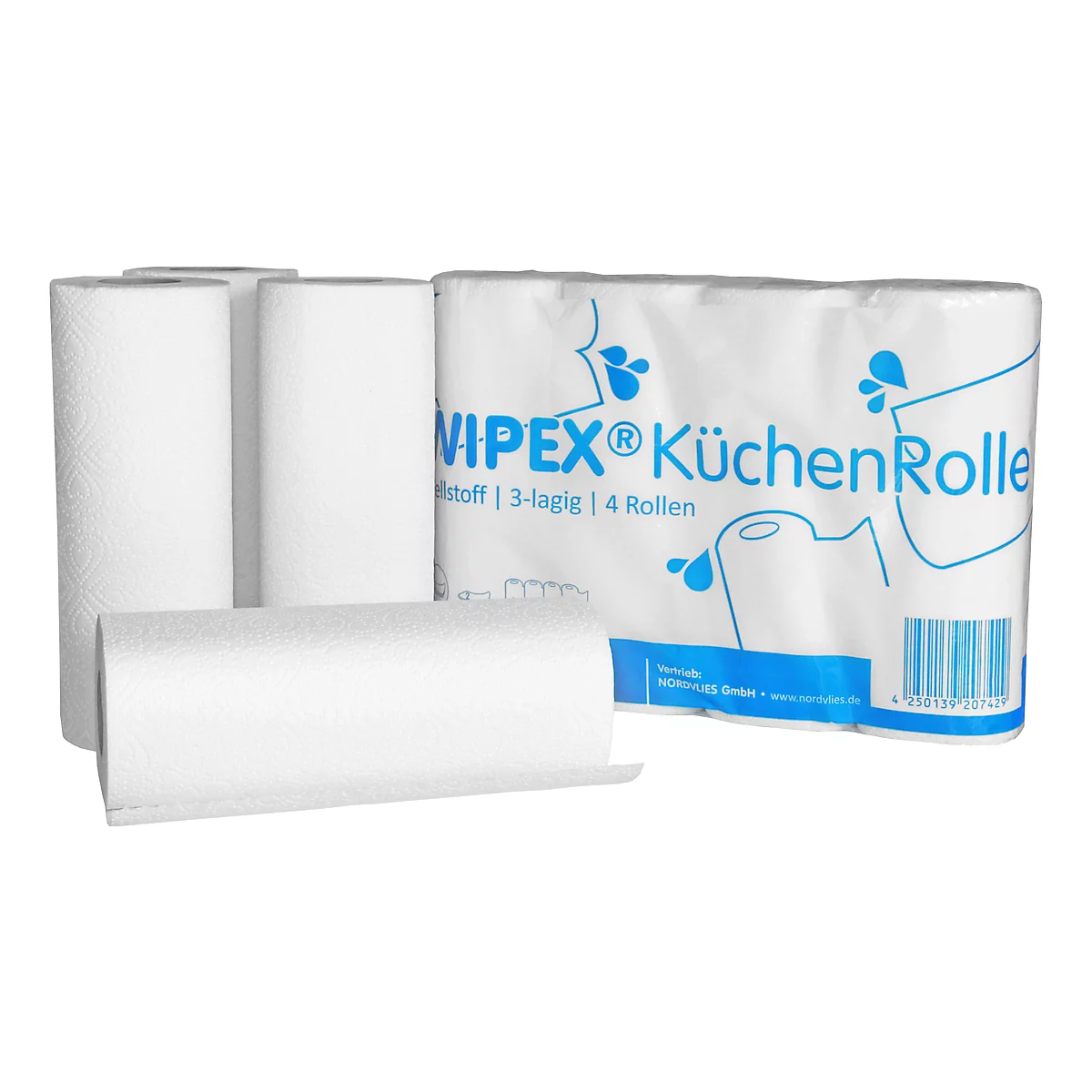 Rollo de cocina WIPEX, 3 capas, 256 x 224 mm, 8 x 4 rollos con 50 hojas cada uno, blanco brillante