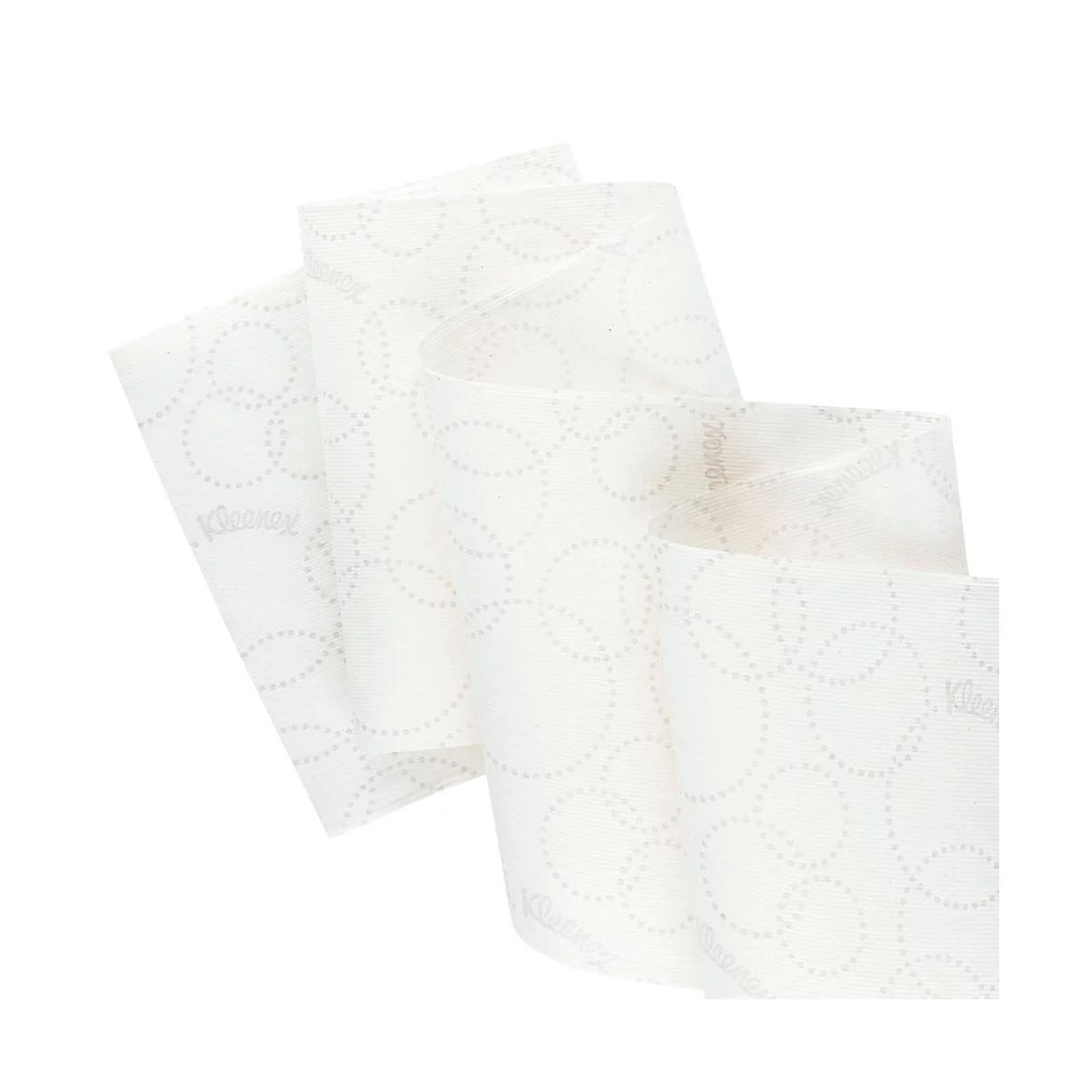 Primer plano de papel de seda blanco con círculos en relieve. Logotipo de Kleenex.