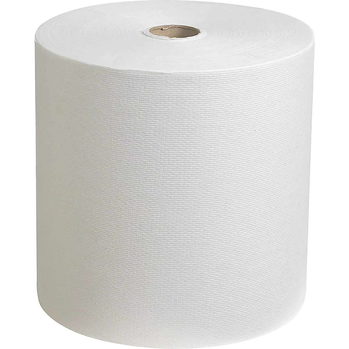 Rollo grande de papel blanco. Centrado con un núcleo marrón.