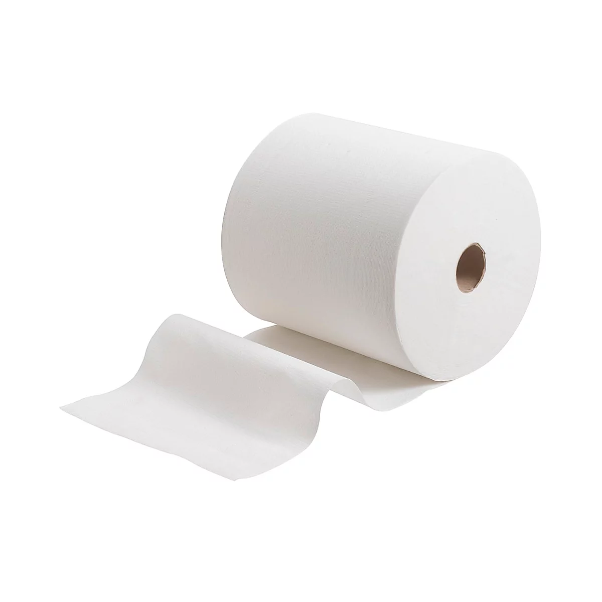 Rollo grande de toallas de papel blancas, con una hoja extraída. El fondo es blanco.