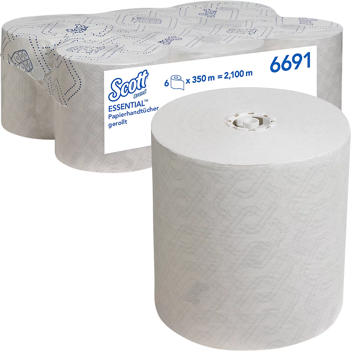 Toallas de papel enrolladas, Scott Essential, 6 piezas, 350 m cada una. Toalla individual frente al paquete.