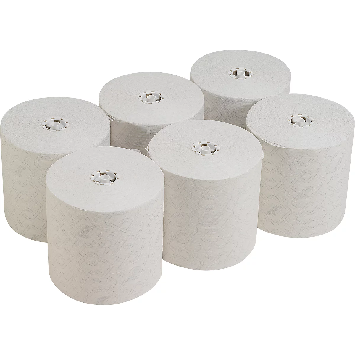 Seis rollos de papel blanco uno al lado del otro, con núcleos visibles. Los rollos individuales son cilíndricos, textura visible.