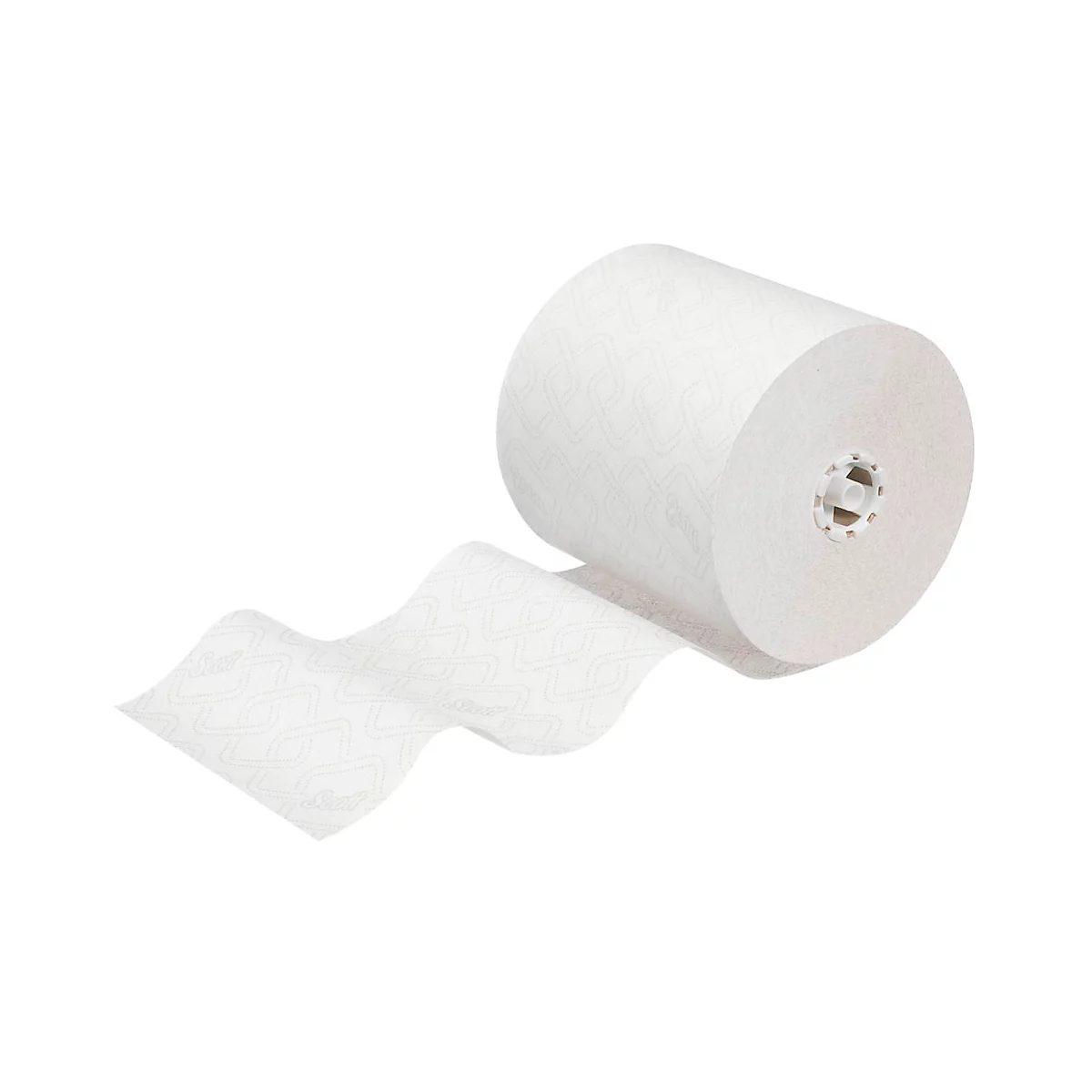 Rollo de toallas de papel sobre un fondo blanco, una hoja se desenrolla.