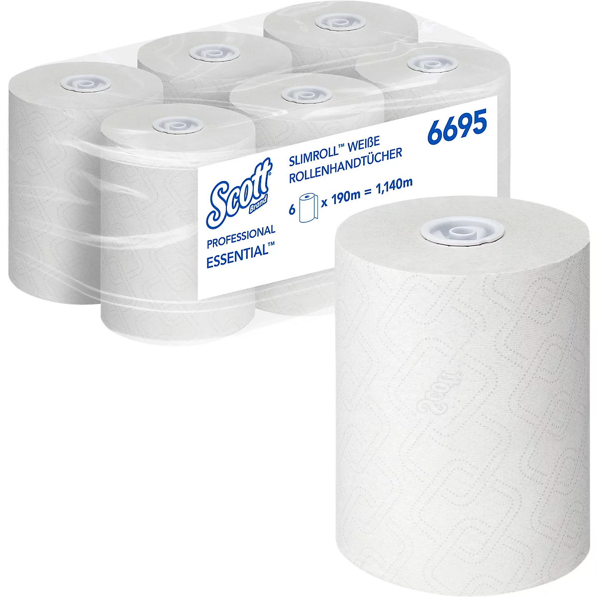 Rollos de papel de cocina en embalaje, uno de pie.