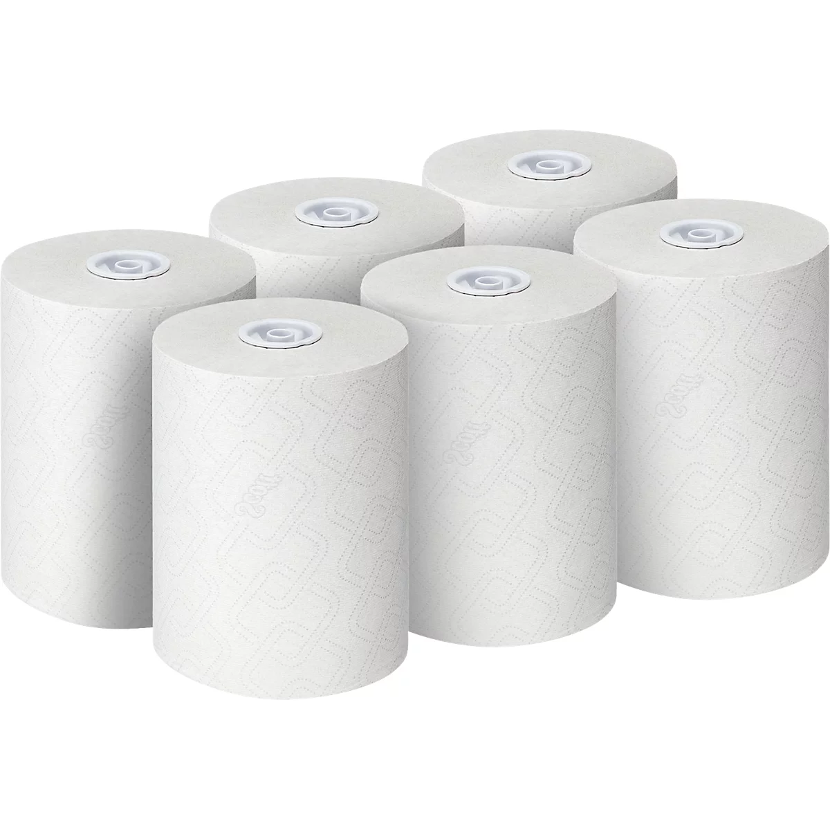 Seis rollos de papel de cocina blanco dispuestos sobre un fondo neutro.