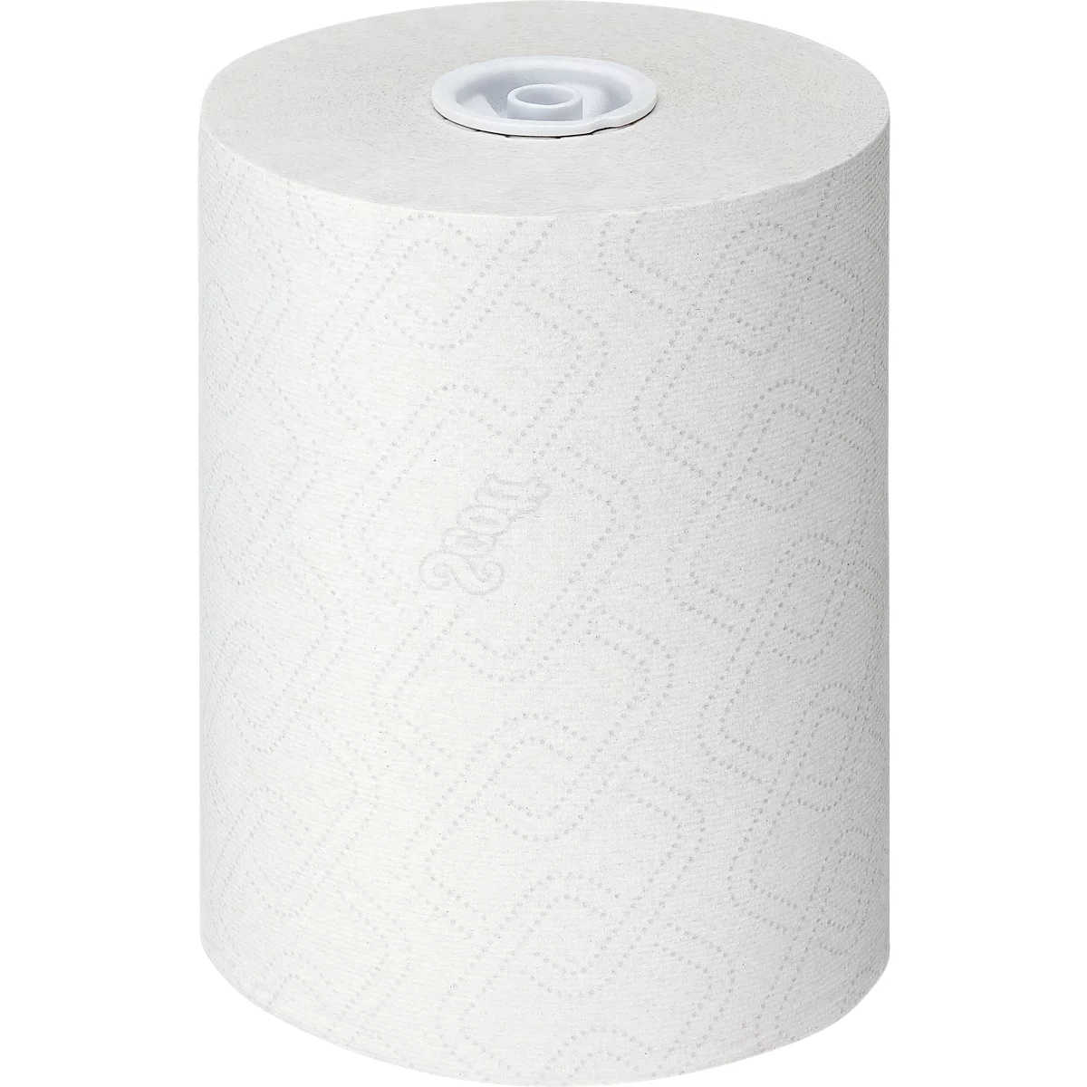 Rollo cilíndrico de toallas de papel blancas con relieve, rematado con un inserto blanco.