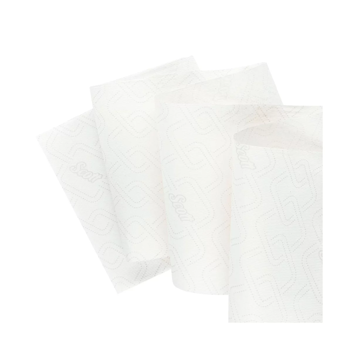 Toallas de papel blancas desplegadas con patrón en relieve y letras de la marca. Vista superior, aislado.