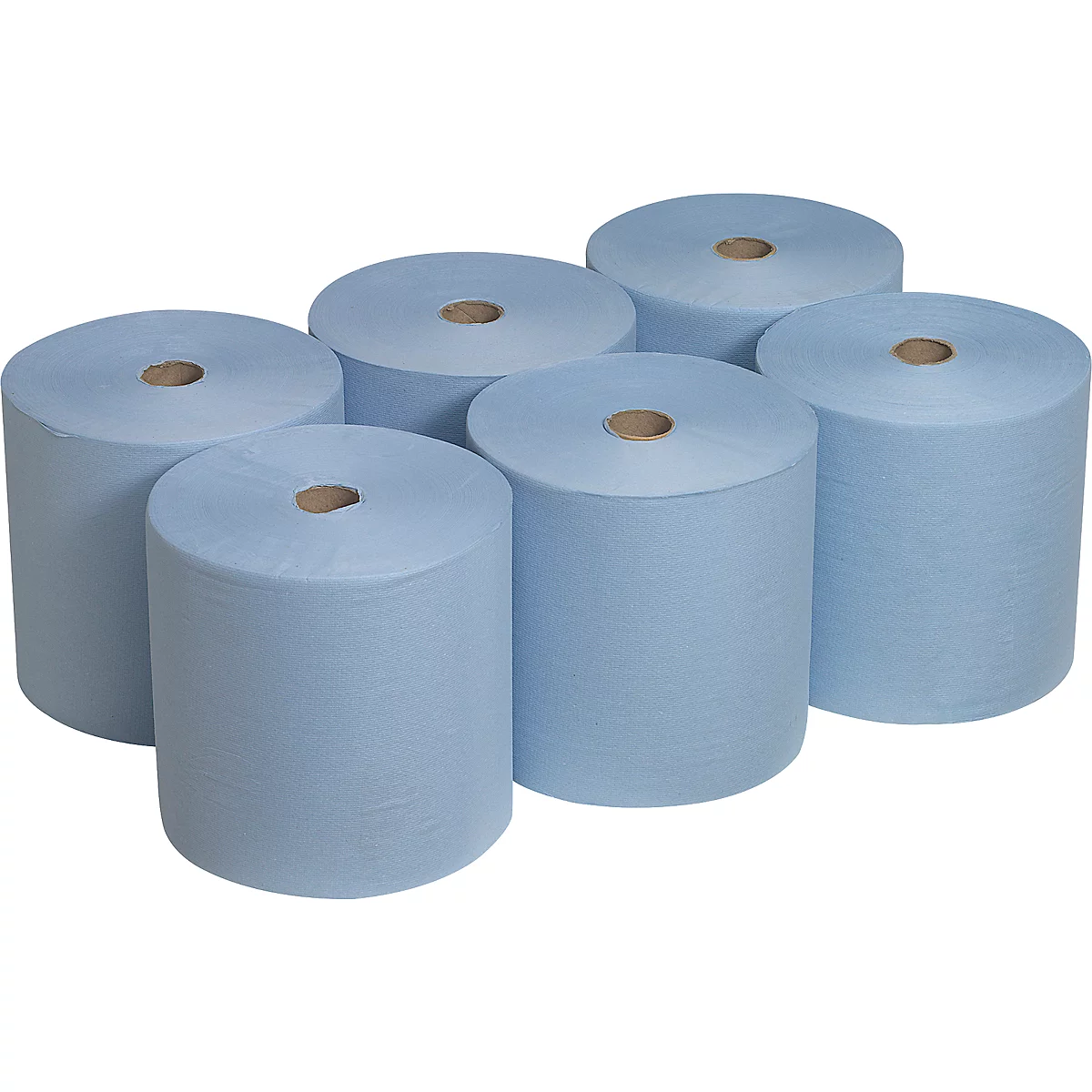 Seis rollos de papel de limpieza azul claro sobre un fondo blanco. Cada rollo tiene un núcleo de cartón marrón.